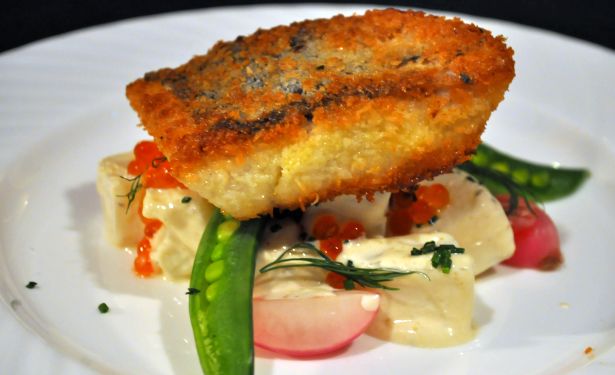 Fried Fish and Summer Potato Vegetable Salad