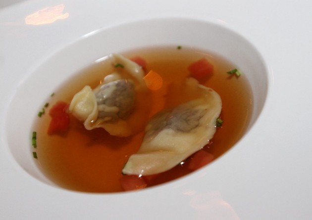 Beef and green peppercorn dumplings, beef, tarragon and tomato consomme.