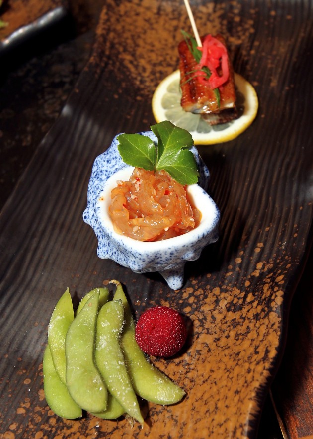 (From back) Grilled eel, Chuka Kurage (marinated jellyfish), edamame and yamamomo (Japanese mountain berry).