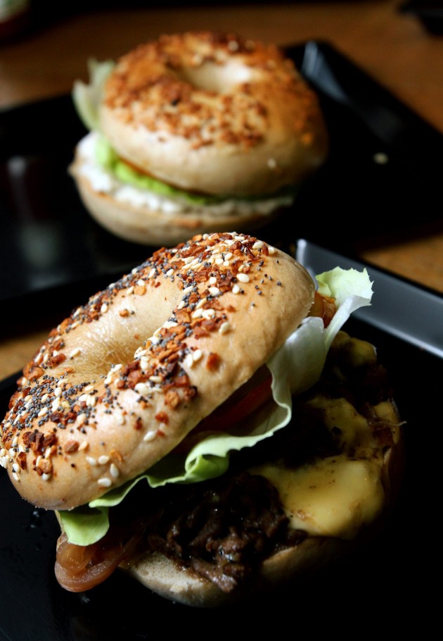 Philly cheese steak in an everything seed bagel is one of the two customer favorites.