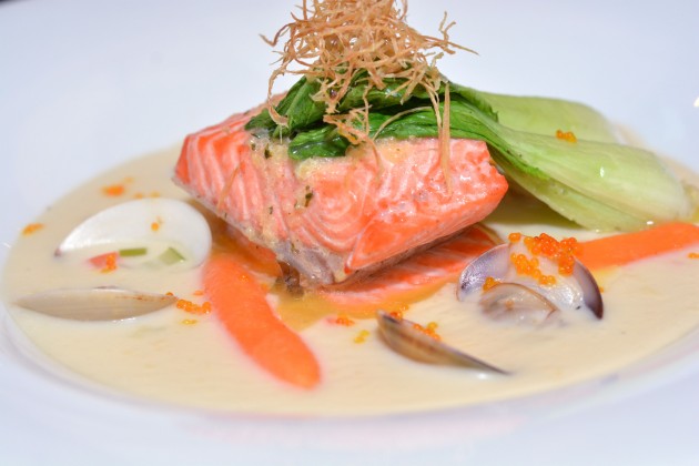 The Poached Salmon on Creamy Clam Chowder explodes with flavour.