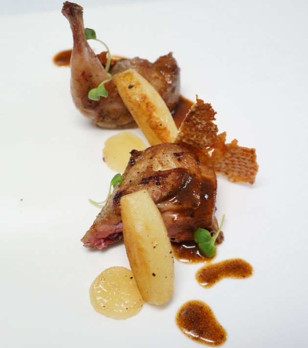 Quail Confit - French quail with truffled kestrel potato, pressured watermelon rind and cracklings.