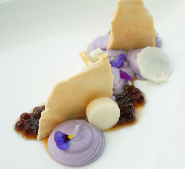 Yam & Complementary Flavours: Yam mousse, coconut fluff, chestnut carpaccio and tapioca pearls.