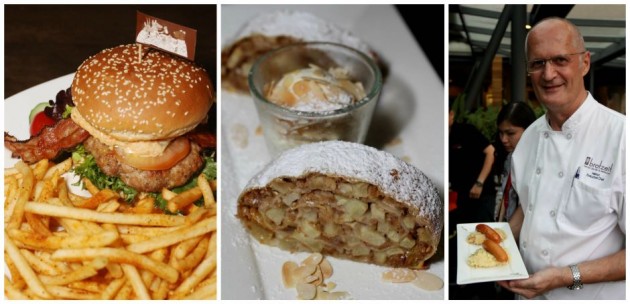 From left: Brotzeit's Pork and Bacon Burger; Apfelstrudel; and executive chef Helmut Murmann with the Knoblauchwurst (pork garlic sausages) and Bockwurst (smoked pork sausages). – Photos LOW BOON TAT/The Star