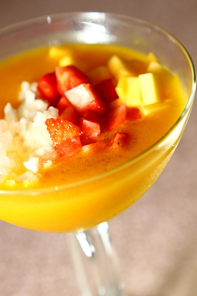 Chilled mango cream with pomelo and sago.