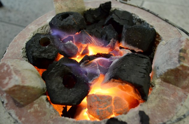 The hexagonal charcoal is prepared before customers order their meal. The charcoal emits little smoke and ashes, and is odourless.