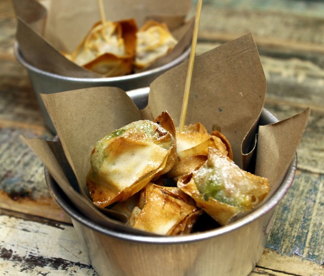 The Kaya Banana wontons and Mushroom Onion Cheese (back) are a combination of savoury and sweet air-fried wontons.