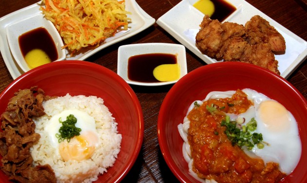 From bottom left: Gyu Don (beef rice), Kare Udon (Japanese Curry Udon), Chicken Karaage and the Sesame salad.