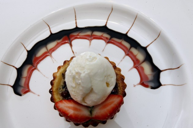 Red bean tart with vanilla ice cream.
