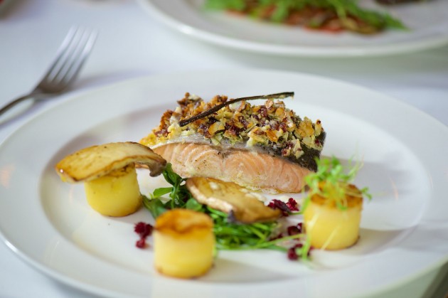 The baked salmon is a delightful burst of taste and texture 