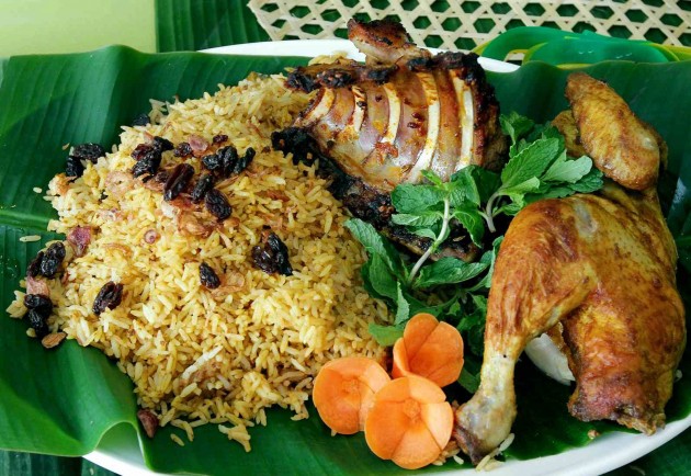 Briyani chicken and lamb with rice.