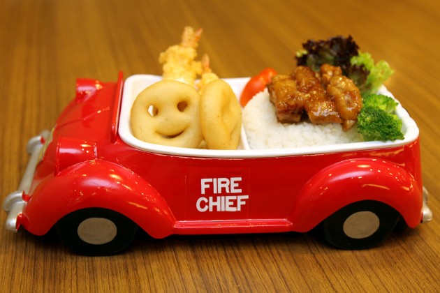 Fun Fire Engine kiddy set with mouth-watering chicken teriyaki, mini prawn tempura, smiley potato fries, assorted vegetables and steamed rice.