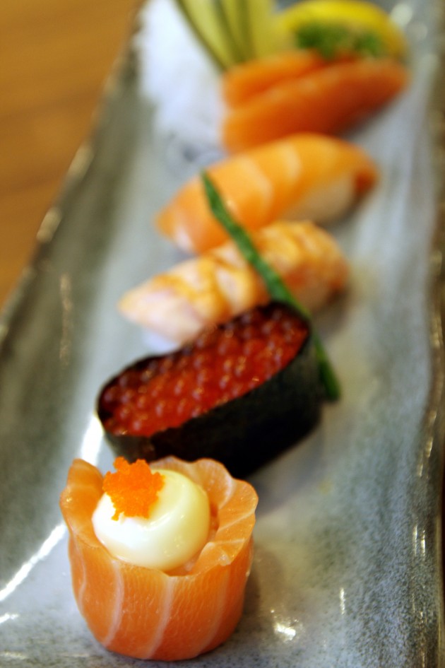 Salmon Zukushi is Sakae's signature air-flown salmon served in five unique sushi and sashimi varieties.
