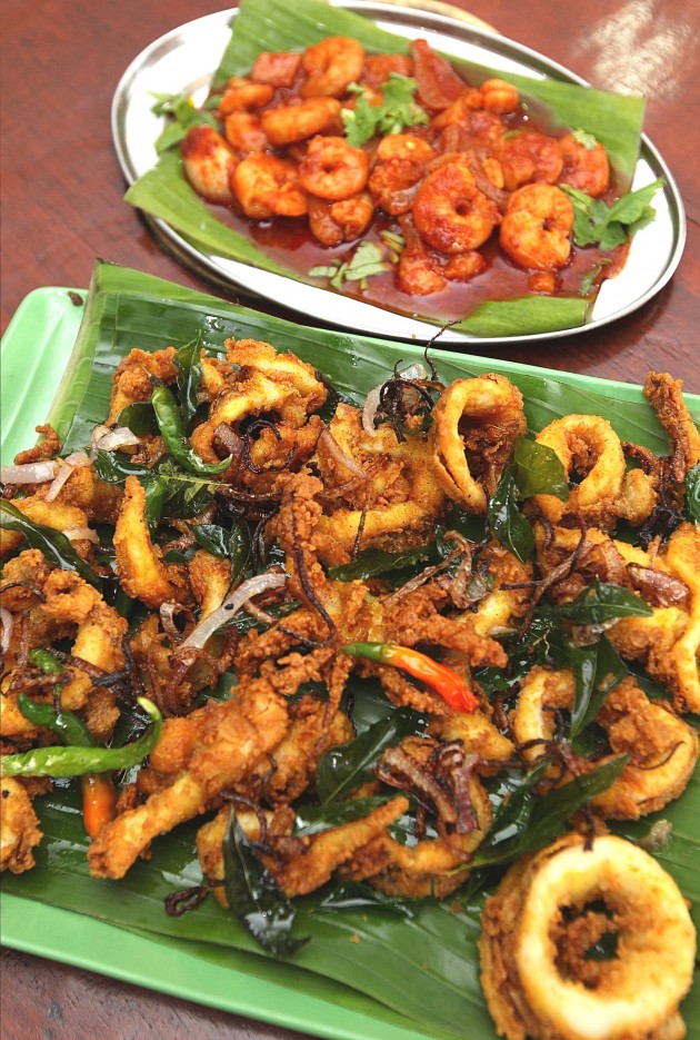 The restaurant's fried sotong and prawn sambal.