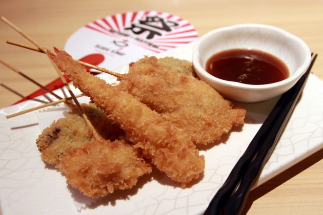There is also the Kushiage Moriawase, delicious tenpura style snacks on skewers served with the Okonomi sauce.
