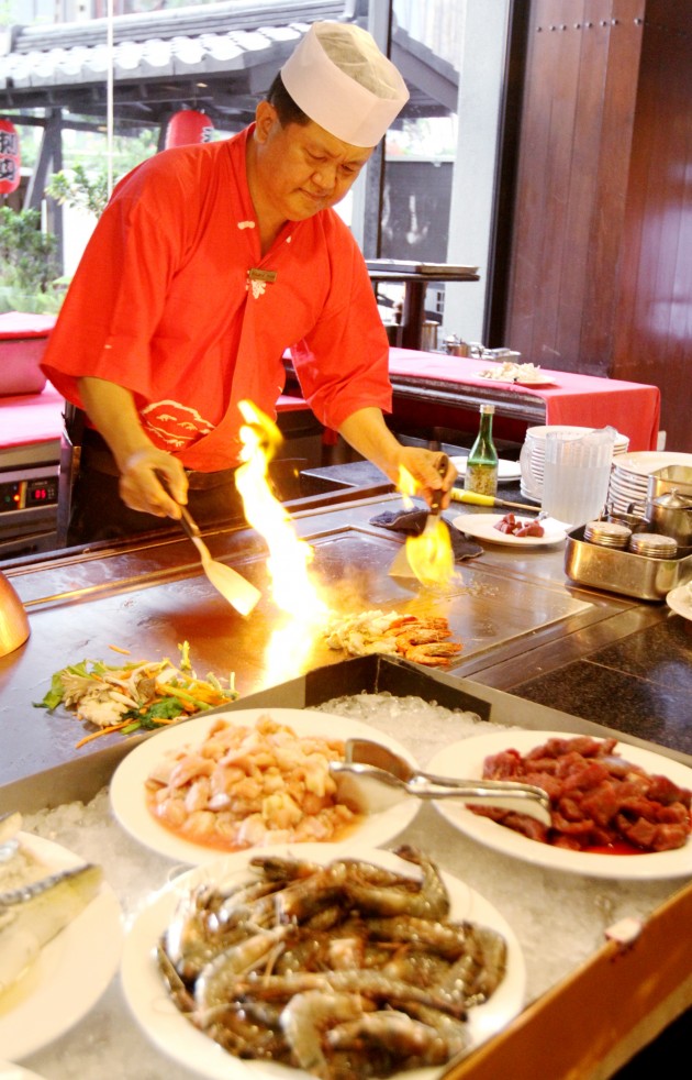 Diners can choose from prawns, chicken, or beef at the buffet's Teppan Station.