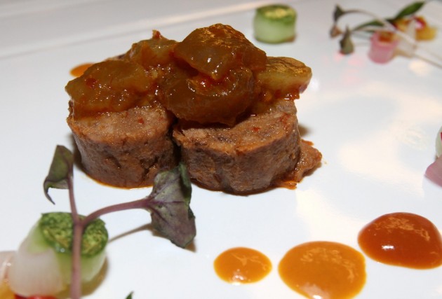 Sambal Beef Tongue and Tendon served with Percik Sauce and Achar Crudite.
