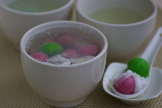 Pink and Green Dumplings in Egg White Syrup