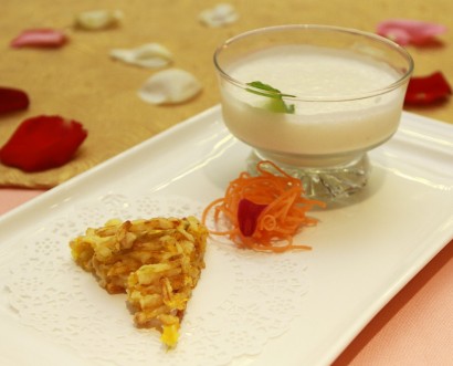 Desserts (from right): Chilled coconut juice with ice cream and crispy pumpkin pancake.