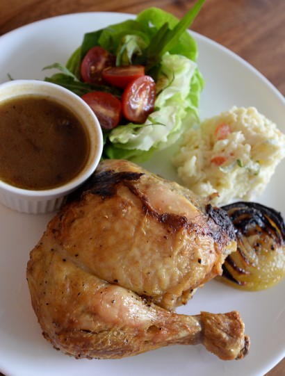 House special The Roast Chicken Meal served with Japanese potato salad, roasted onion, salad and homemade gravy.