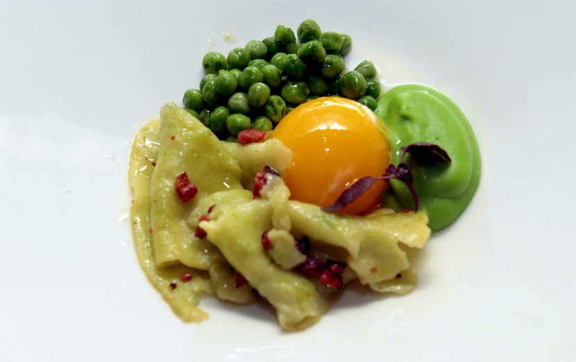 A work of art: The Freshly Made Petit Pois Torn Pasta, Sauteed Petit Pois and Puree, Yolk Confit topped off with Duck “Bacon” perfectly depicts Lee’s vision of a spring day.