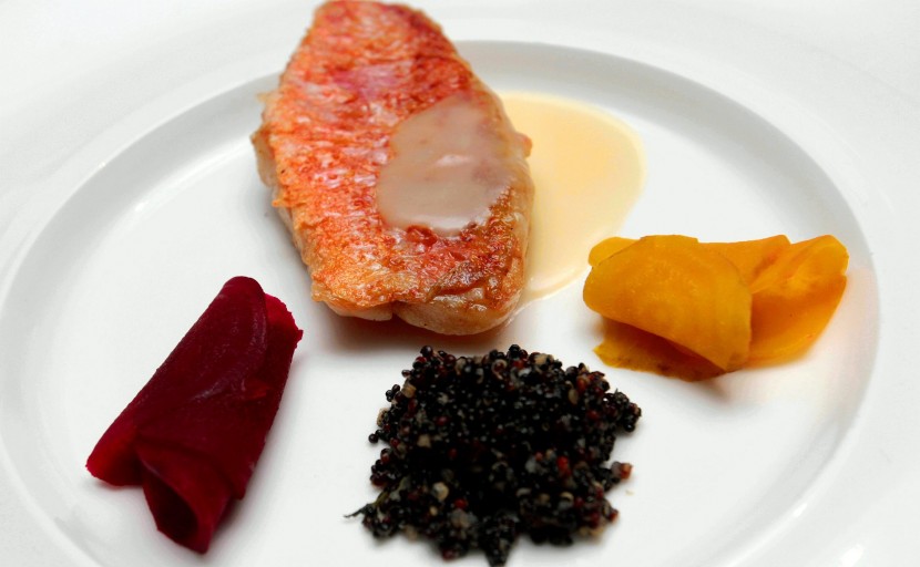 One of the mains: Over Finished Red Mullet, Pickled Beet, Red Mullet Essence and Black Quinoa.