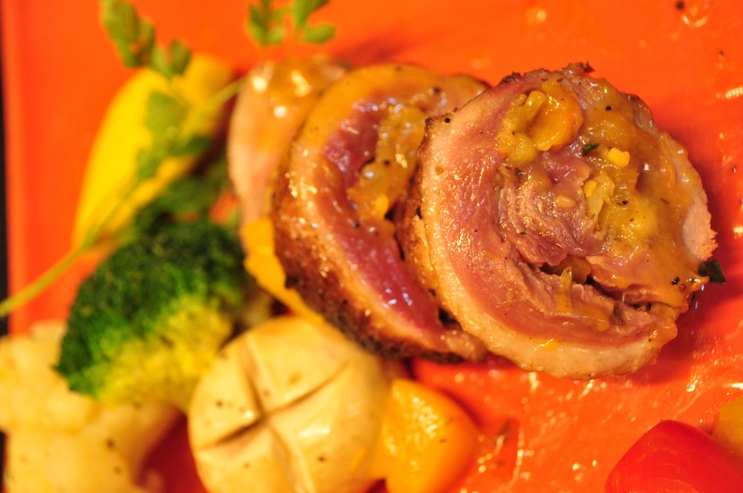 Roulade of duck stuffed with apricot relish. 