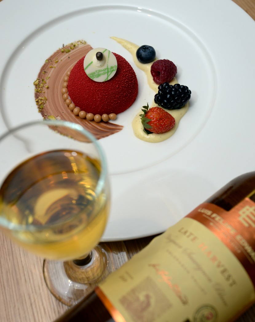 The Croquantine Mascarpone Mousse and Passion Creme Brulee with Vanilla Cremeux Fresh Berries paired with Luis Felipe Edwards Reserva Late Harvest.