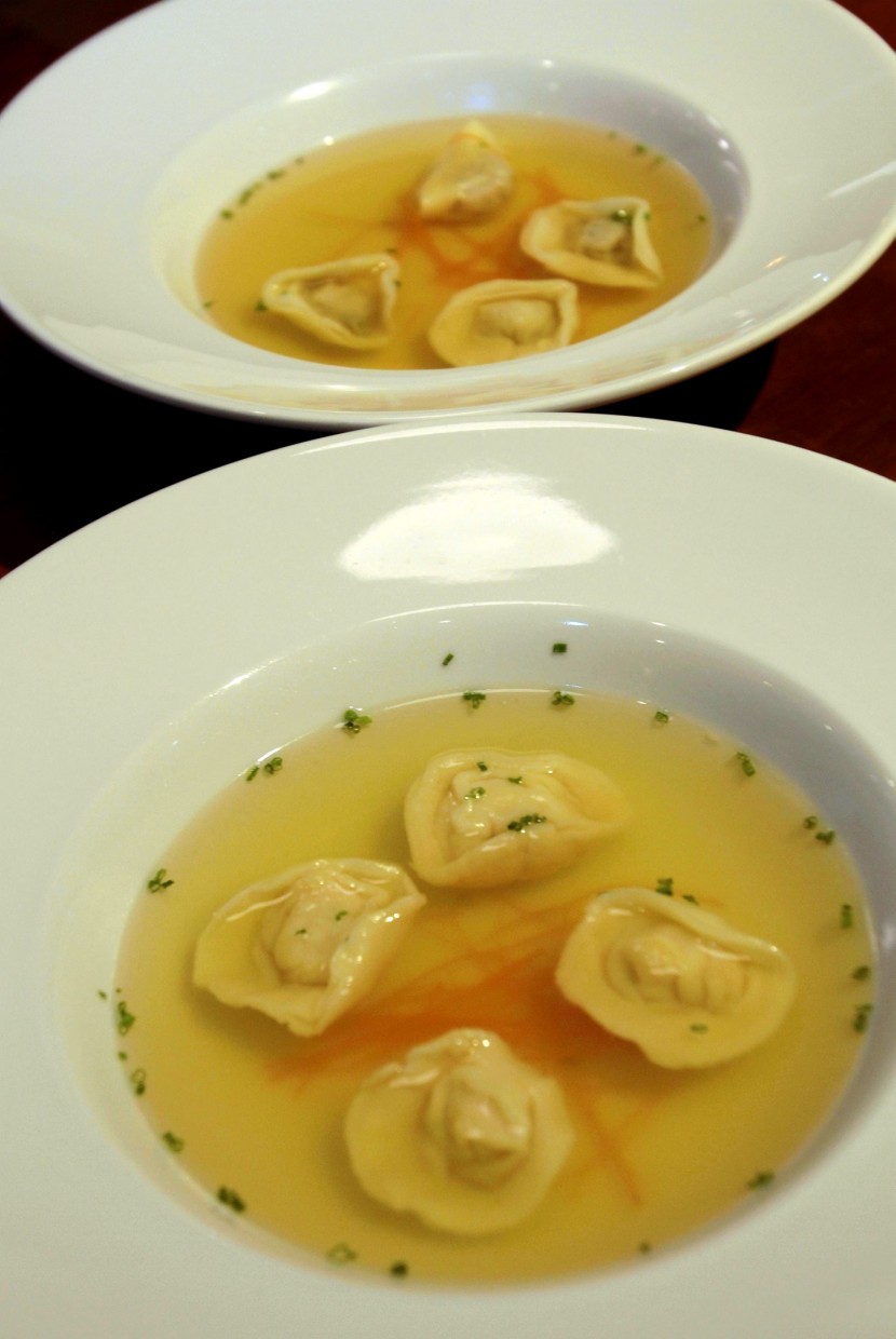 For starters: Clear Consomme with Chicken Tortellini and Tomato Consomme with Mixed Vegetables Tortellini.