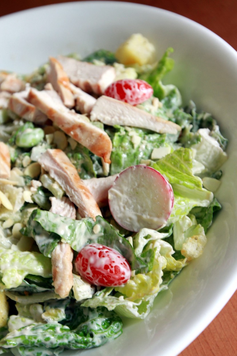Healthy choice: The Green Goddess Salad comes with grilled chicken, Romaine lettuce, Green Goddess dressing, cherry tomatoes, avocado, red radish, edamame, sliced almonds, cucumbers and croutons.