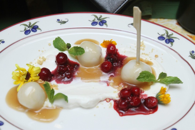 Sweet sensations: Mitarashi kushi dango with rich ricotta mousse on sable crumble and berries compote.