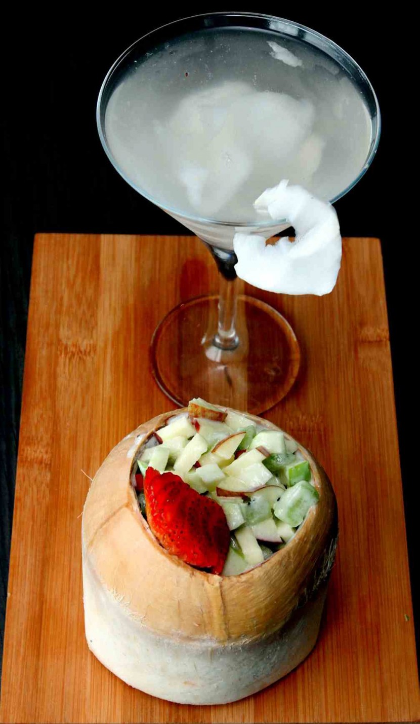 ‘Paradiso’ fruit cocktail salad of mostly diced apples in mayo and fresh coconut water.