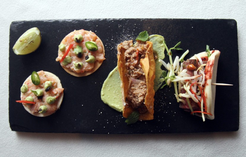 (From left) Salmon Tostada, Green Papaya, Guacamole, Chilli; Thai Duck Larb ‘Tacos’ Mint, Toasted Rice Dressing; and, Steam Bao, Char Grilled Beef, Hoisin Sauce Mung Bean Salad.