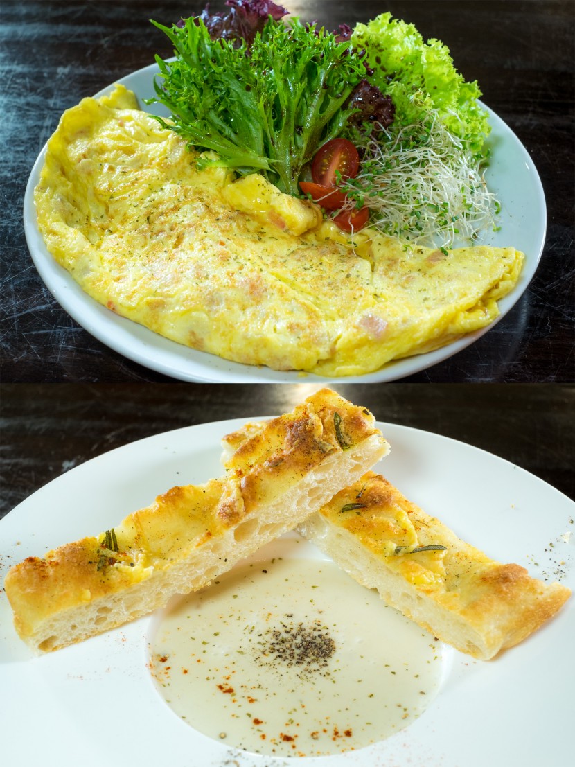 Start the day with the Omelette and Focaccia Bread with Mushroom Soup.