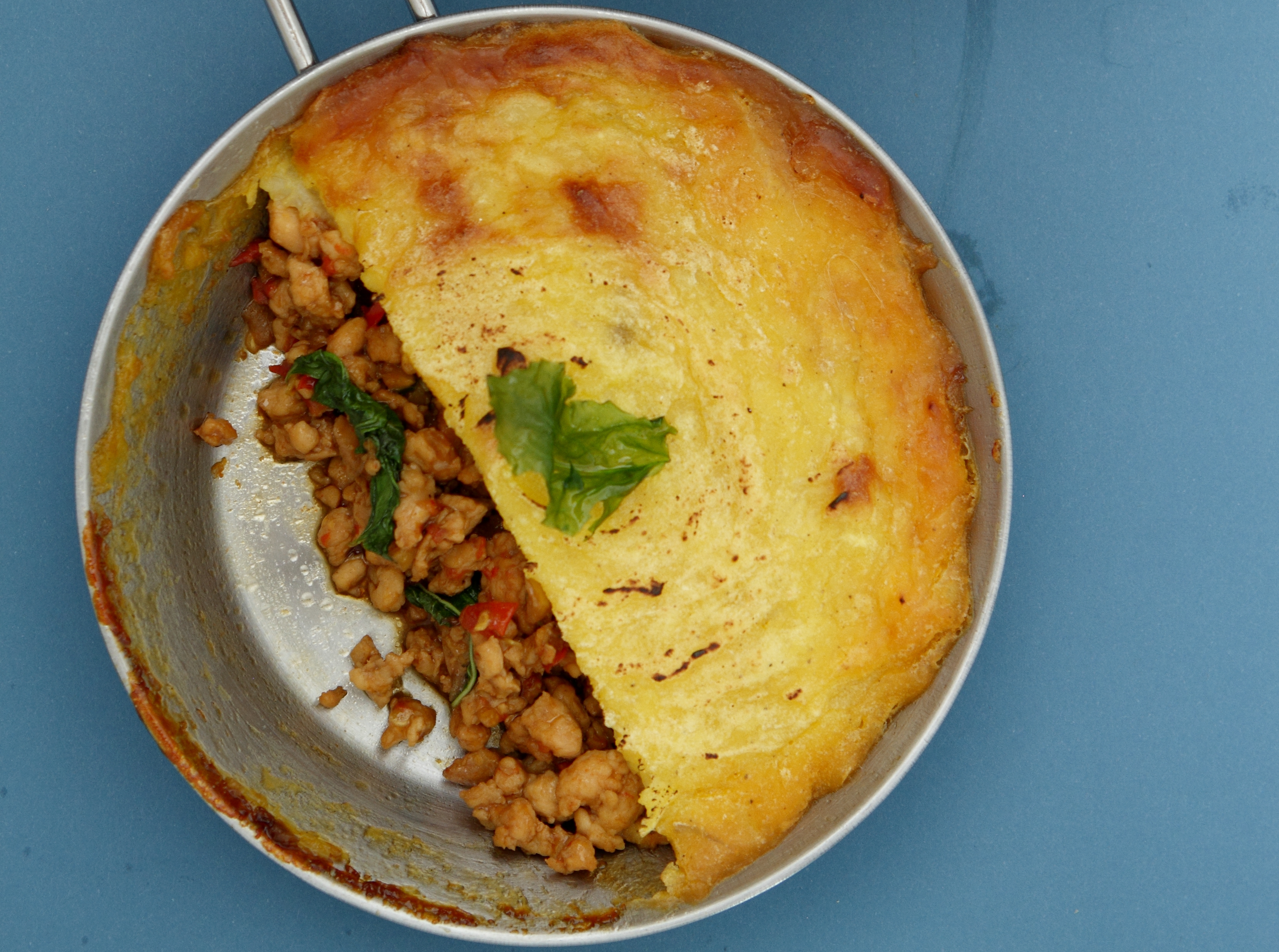Thai "Cottage Pie" with Durian Mash and Spicy Basil Chicken