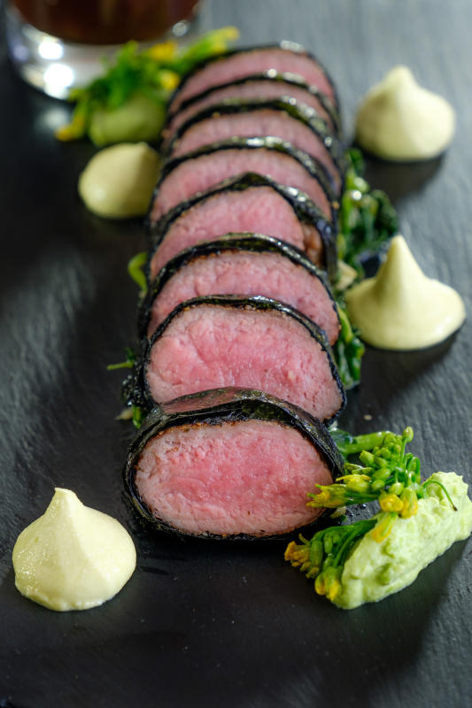 The nori-wrapped lamb loin is a delightful dish for meat lovers.