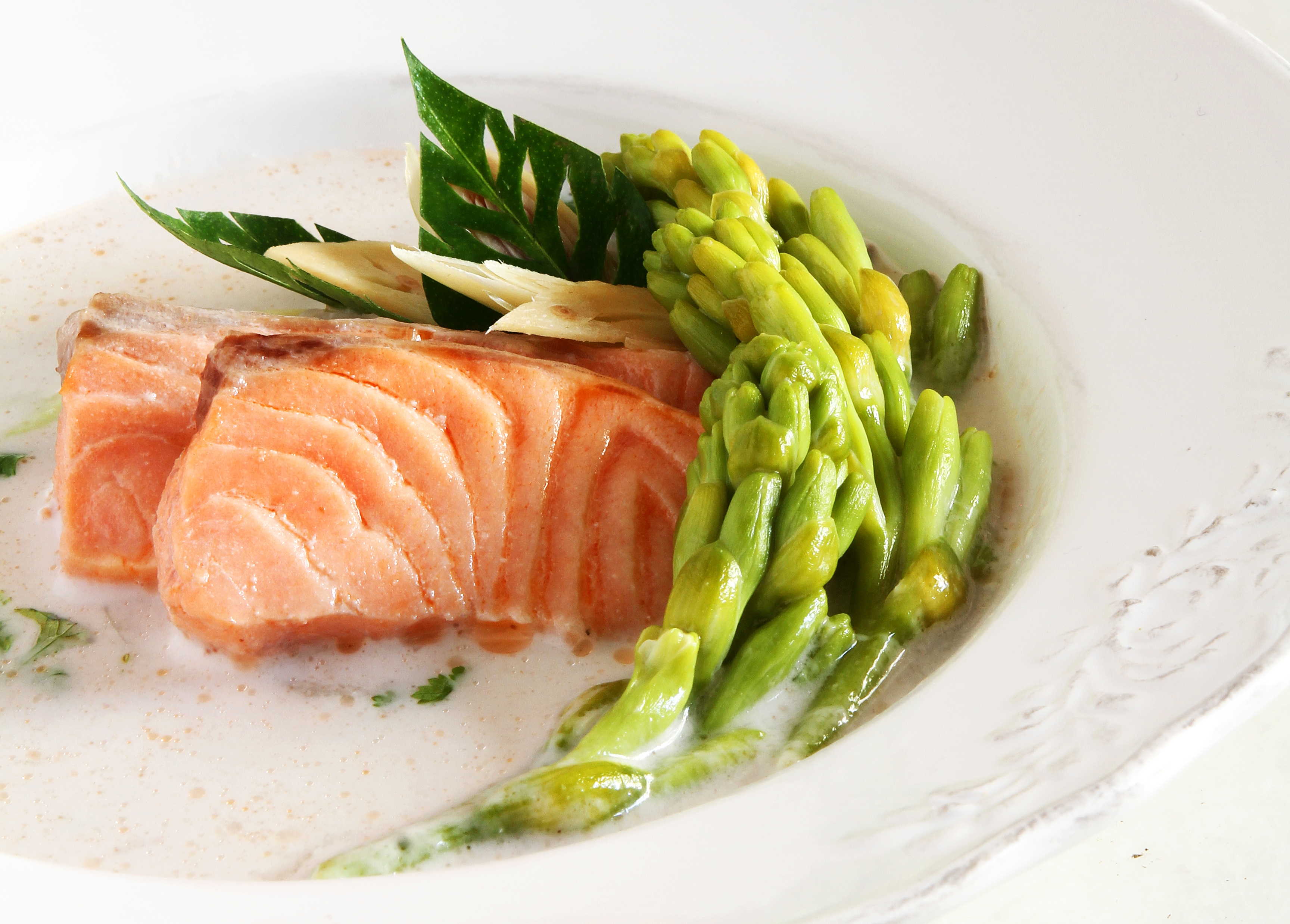 Salmon and Tuberose in Galangal Soup