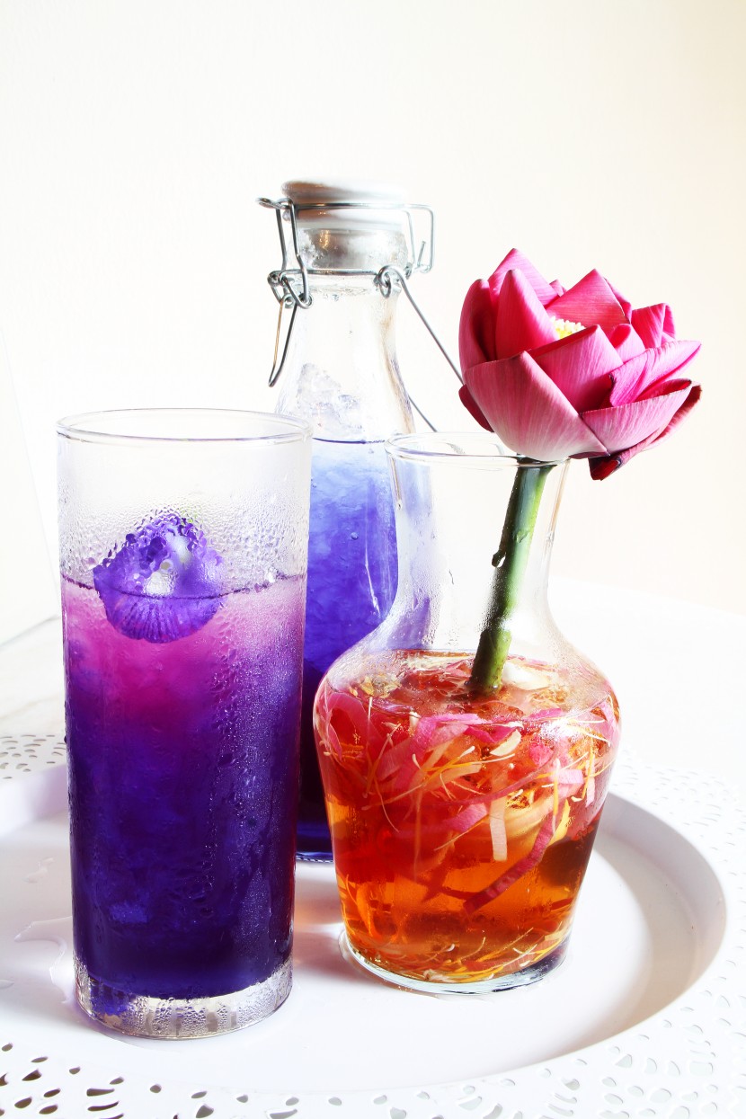 Butterfly Pea Flower and Lemongrass Cooler (left) and Lotus Tea (right).