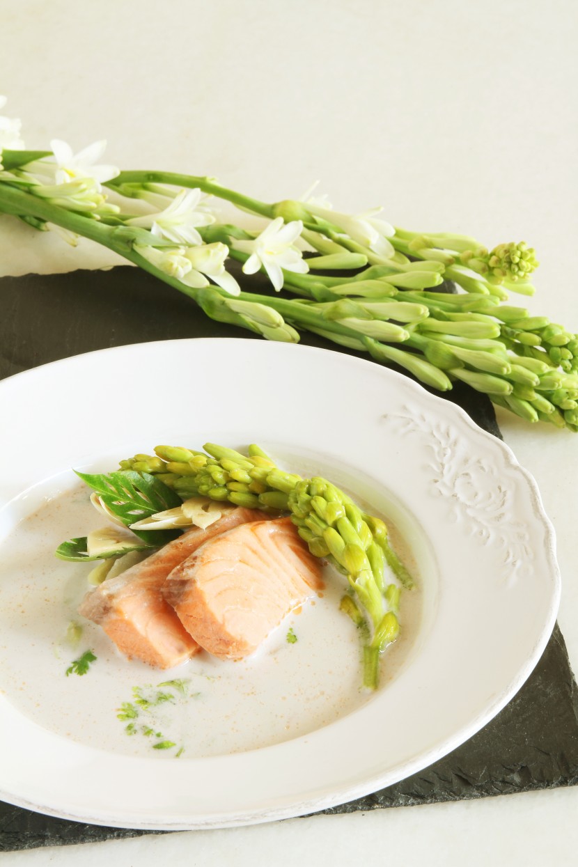 Salmon and Tuberose in Galangal Soup.
