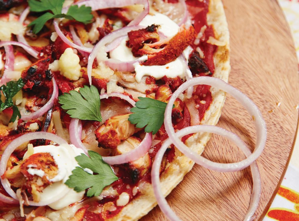 Tandoori Chicken Pizza with Sour Cream and Onion